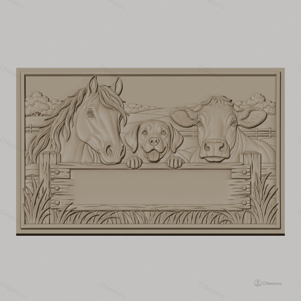 Fichier CNC & impression 3D animaux de la ferme, cheval chien vache panneau vide, haute qualité relief STL