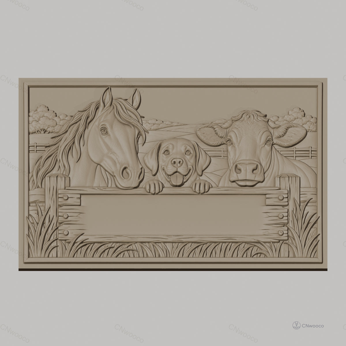 Fichier CNC & impression 3D animaux de la ferme, cheval chien vache panneau vide, haute qualité relief STL