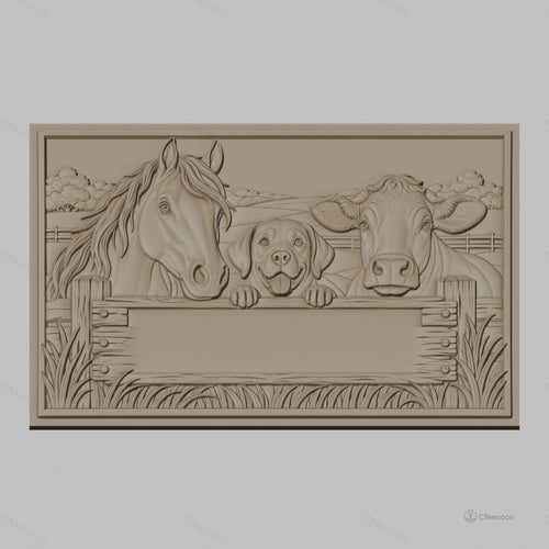 Fichier CNC & impression 3D animaux de la ferme, cheval chien vache panneau vide, haute qualité relief STL