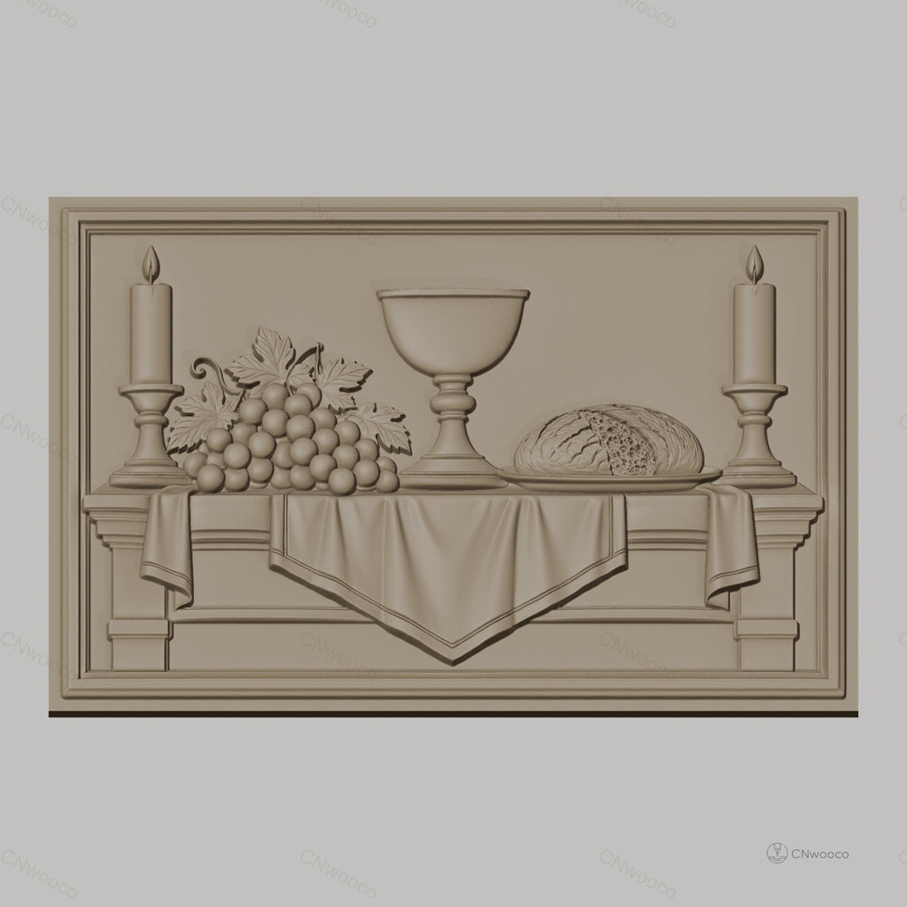 Fichier CNC & impression 3D scène de table avec chandelles, raisins, coupe et pain, haute qualité relief STL
