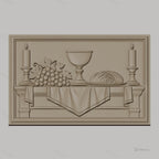Fichier CNC & impression 3D scène de table avec chandelles, raisins, coupe et pain, haute qualité relief STL
