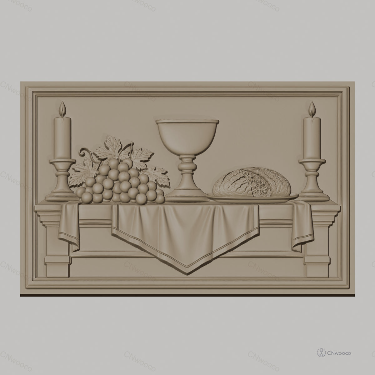 Fichier CNC & impression 3D scène de table avec chandelles, raisins, coupe et pain, haute qualité relief STL