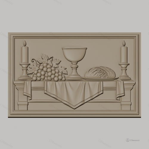 Fichier CNC & impression 3D scène de table avec chandelles, raisins, coupe et pain, haute qualité relief STL