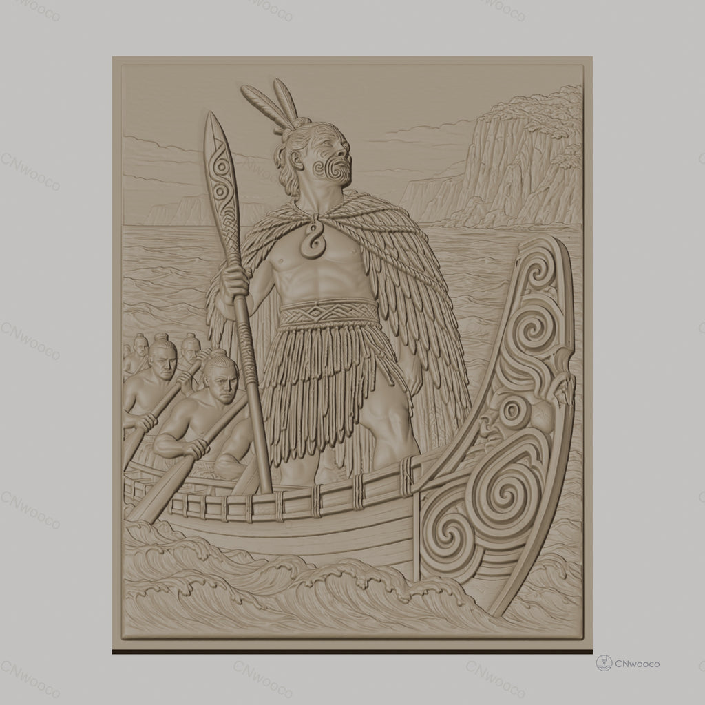 Fichier CNC & impression 3D guerrier maori, pirogue traditionnelle et tatouages tribaux, haute qualité relief STL