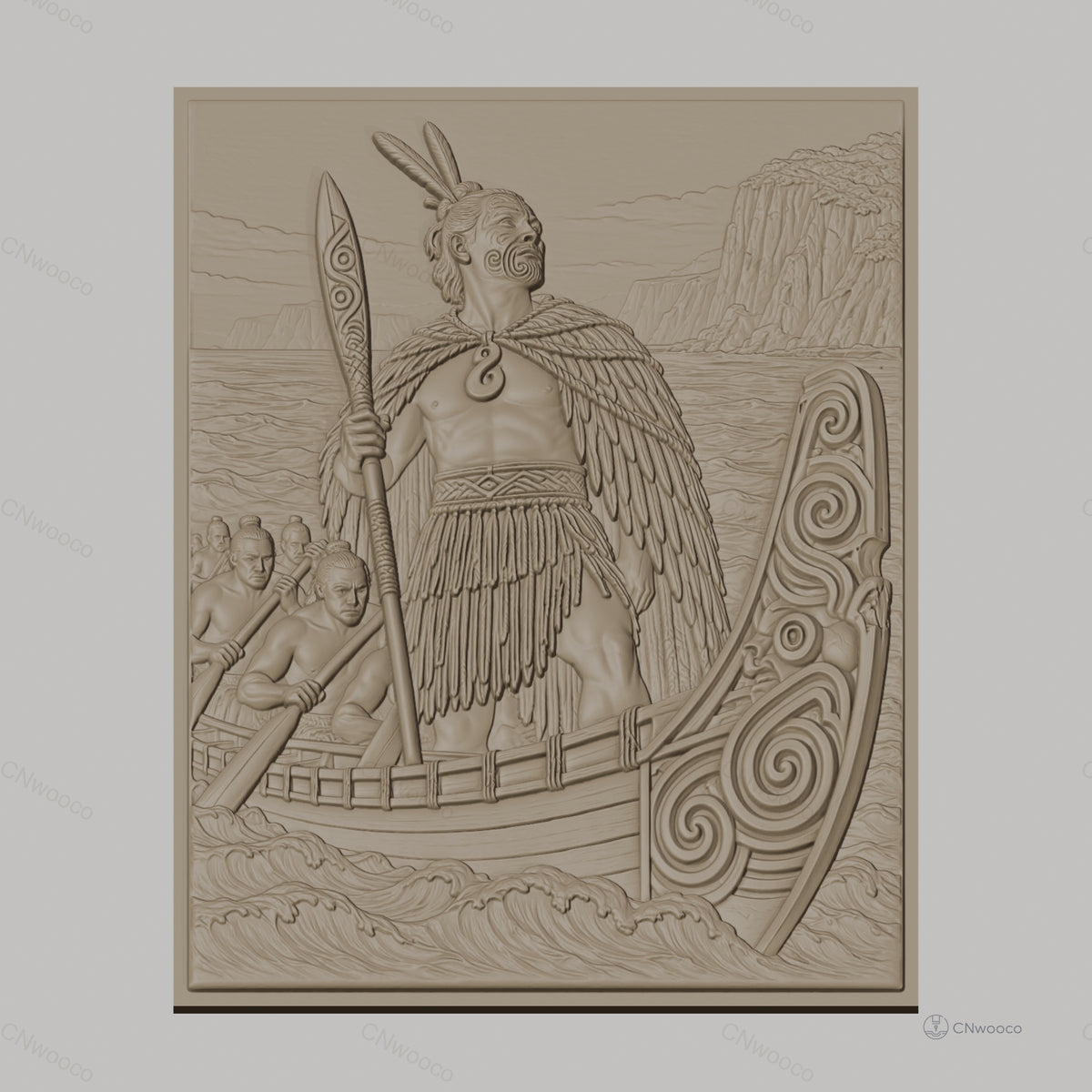 Fichier CNC & impression 3D guerrier maori, pirogue traditionnelle et tatouages tribaux, haute qualité relief STL