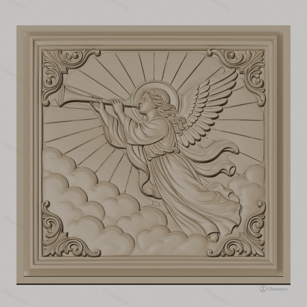 Fichier CNC & impression 3D ange trompettiste, nuages et rayons célestes, haute qualité relief STL