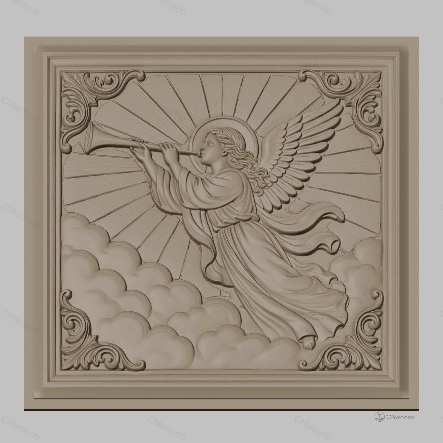 Fichier CNC & impression 3D ange trompettiste, nuages et rayons célestes, haute qualité relief STL