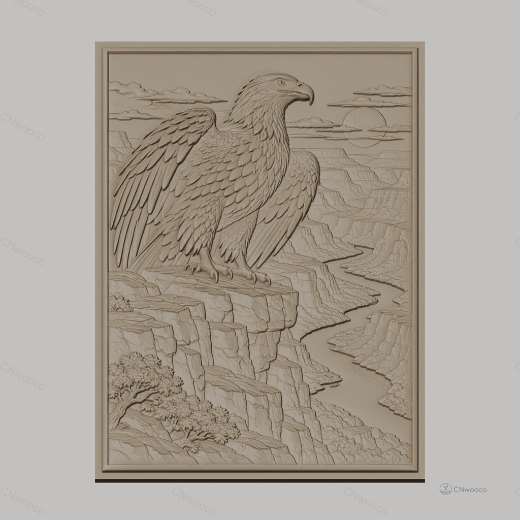 Fichier CNC & impression 3D aigle sur falaise, rivière sinueuse et canyon, haute qualité relief STL