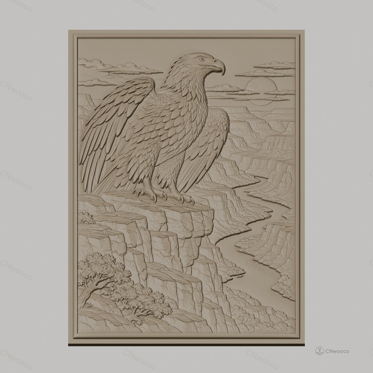 Fichier CNC & impression 3D aigle sur falaise, rivière sinueuse et canyon, haute qualité relief STL