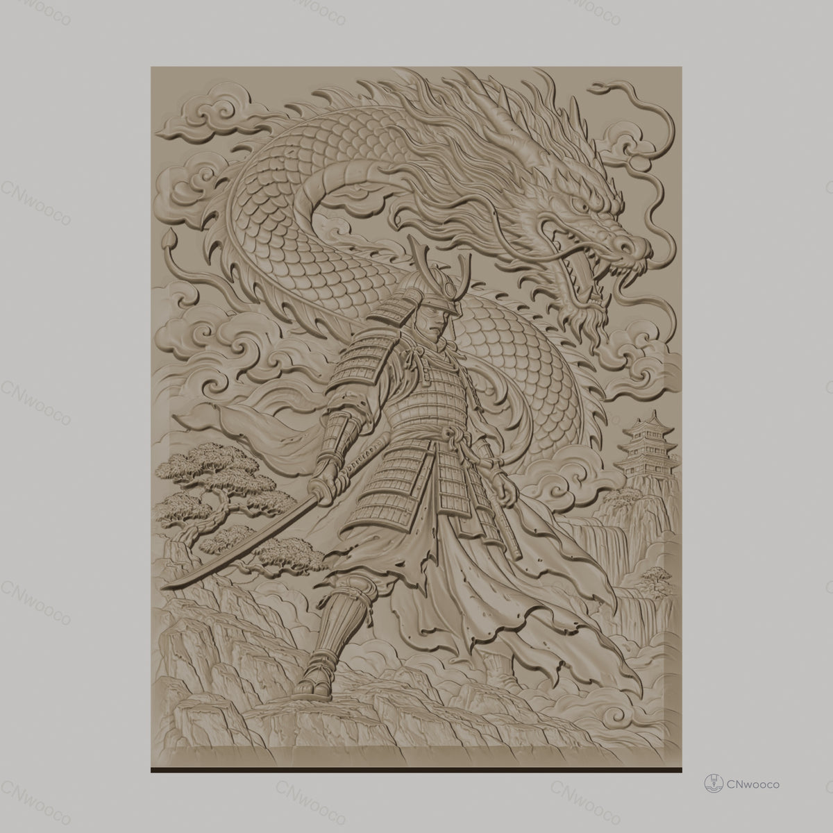 Fichier CNC & impression 3D samouraï et dragon japonais, guerrier en armure avec épée et paysage montagneux, haute qualité relief STL