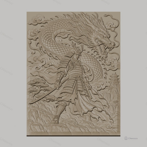 Fichier CNC & impression 3D samouraï et dragon japonais, guerrier en armure avec épée et paysage montagneux, haute qualité relief STL