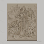 Fichier CNC & impression 3D guerrier viking avec épée et corbeaux, château médiéval et montagnes, haute qualité relief STL
