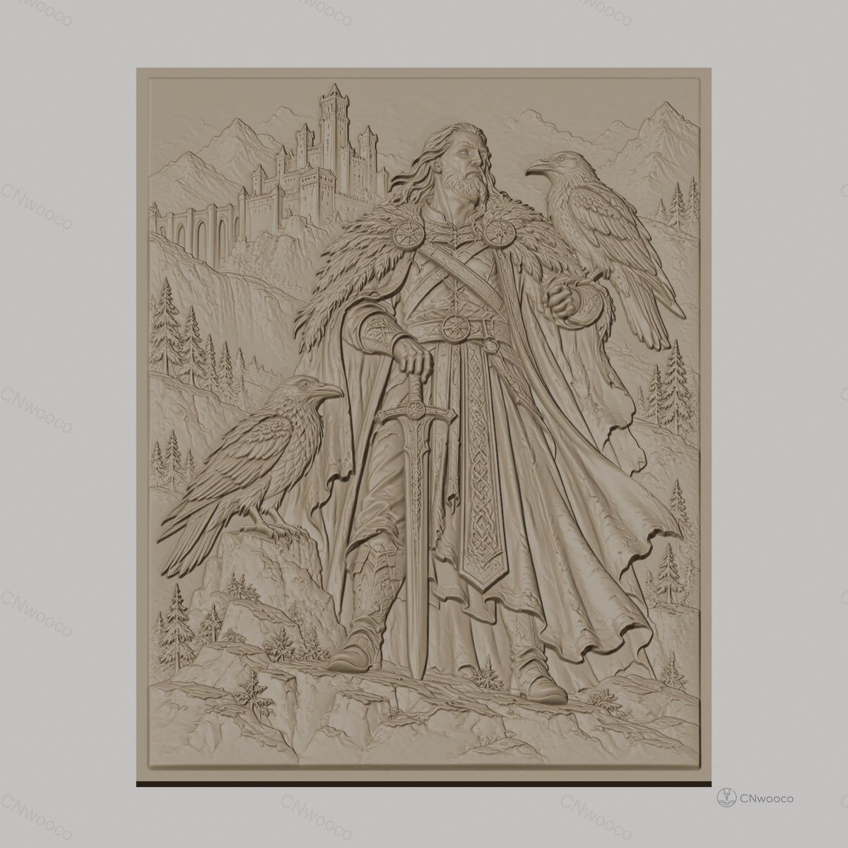 Fichier CNC & impression 3D guerrier viking avec épée et corbeaux, château médiéval et montagnes, haute qualité relief STL