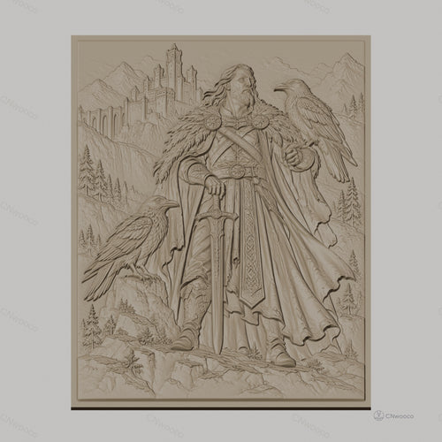 Fichier CNC & impression 3D guerrier viking avec épée et corbeaux, château médiéval et montagnes, haute qualité relief STL