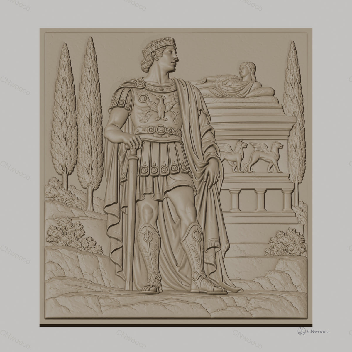 Fichier CNC & impression 3D guerrier romain debout, relief antique, colonne et cyprès, haute qualité relief STL