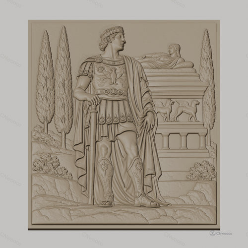 Fichier CNC & impression 3D guerrier romain debout, relief antique, colonne et cyprès, haute qualité relief STL