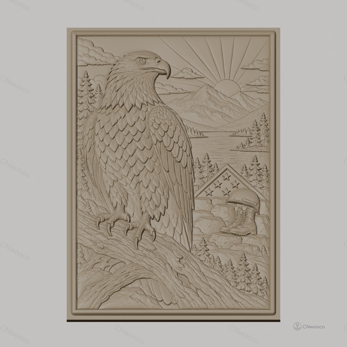 Fichier CNC & impression 3D aigle américain, drapeau, casque militaire, bottes, nature et montagne, haute qualité relief STL
