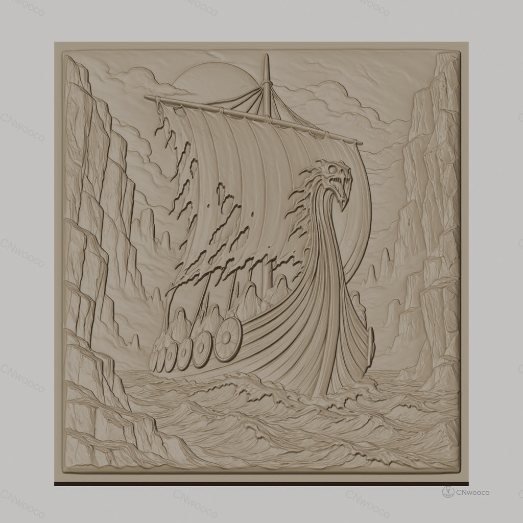 Fichier CNC & impression 3D bateau viking, voile déchirée, boucliers, relief marin, haute qualité relief STL