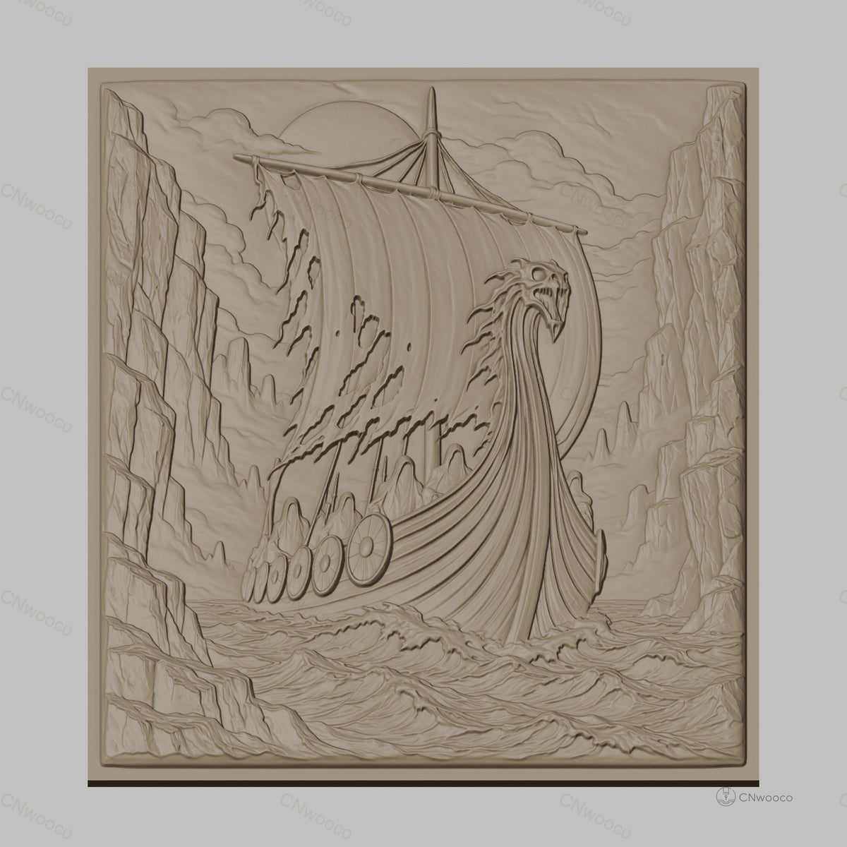 Fichier CNC & impression 3D bateau viking, voile déchirée, boucliers, relief marin, haute qualité relief STL