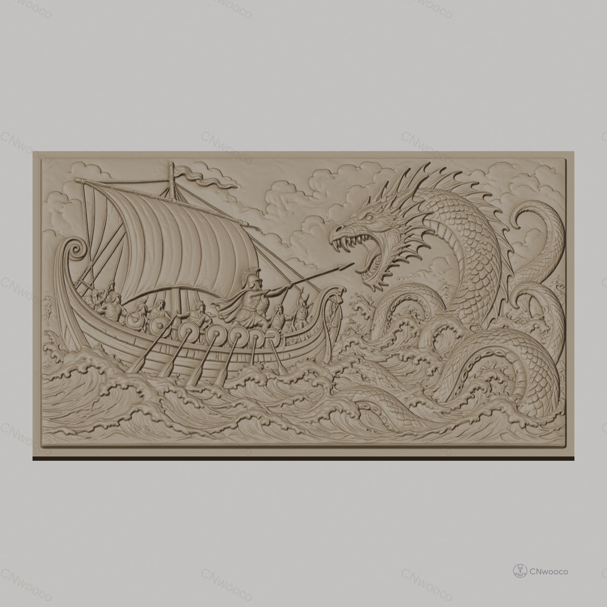 Fichier CNC & impression 3D combat légendaire entre guerriers viking et dragon de mer, haute qualité relief STL