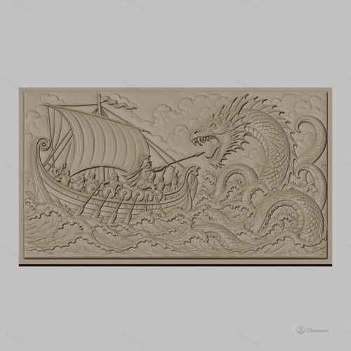 Fichier CNC & impression 3D combat légendaire entre guerriers viking et dragon de mer, haute qualité relief STL