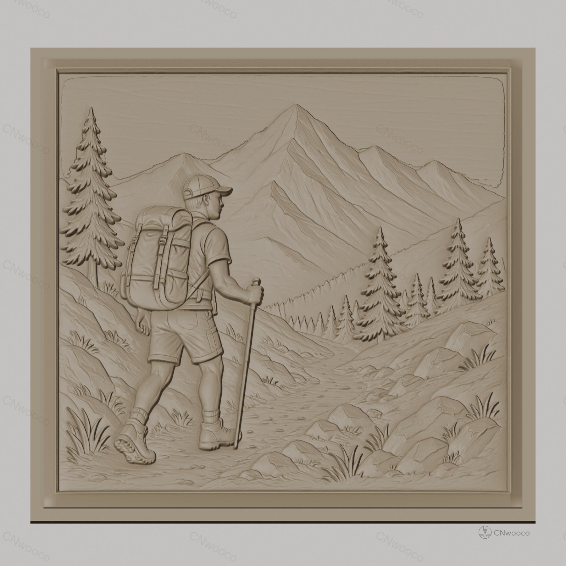 Fichier CNC & impression 3D randonnée montagne, marcheur avec sac à dos et paysage naturel, haute qualité relief STL