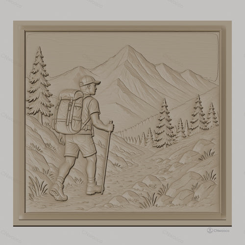 Fichier CNC & impression 3D randonnée montagne, marcheur avec sac à dos et paysage naturel, haute qualité relief STL
