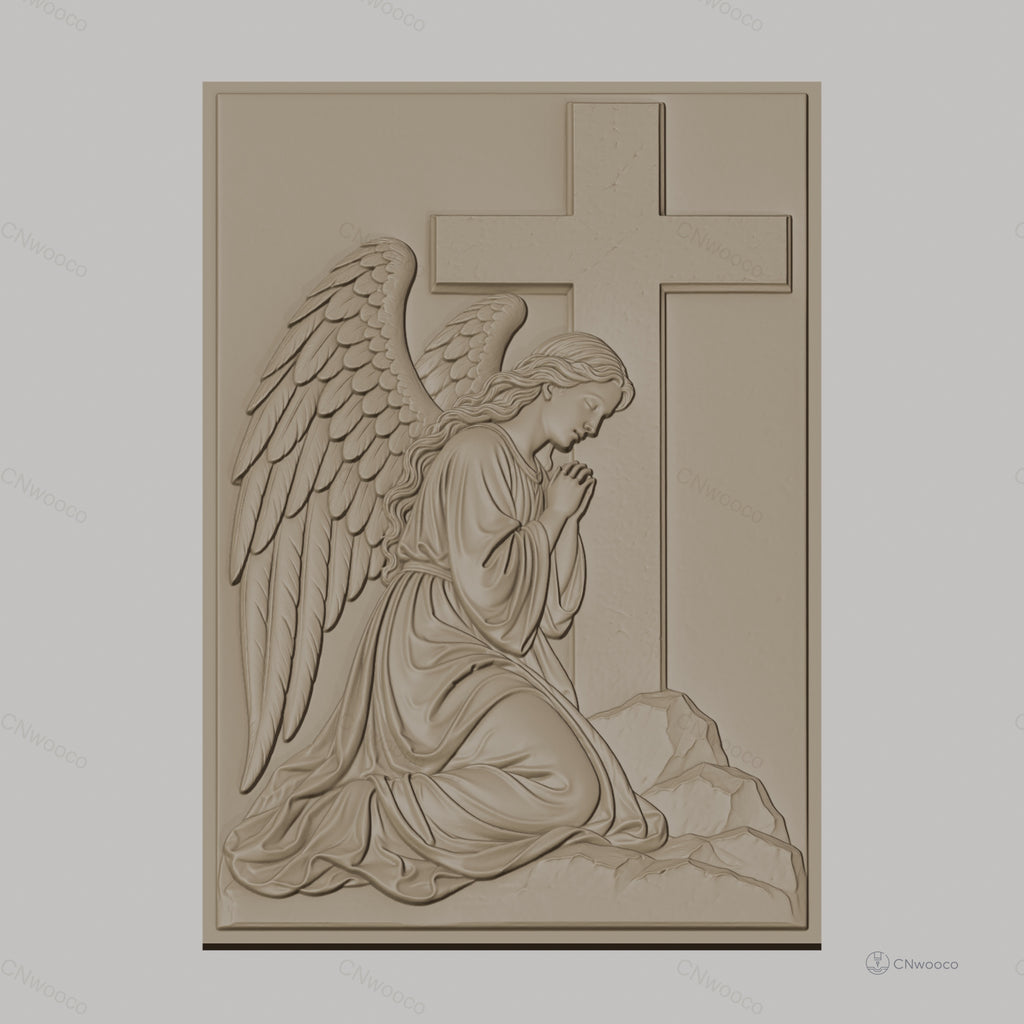 Fichier CNC & impression 3D ange en prière avec croix, relief religieux détaillé, haute qualité relief STL