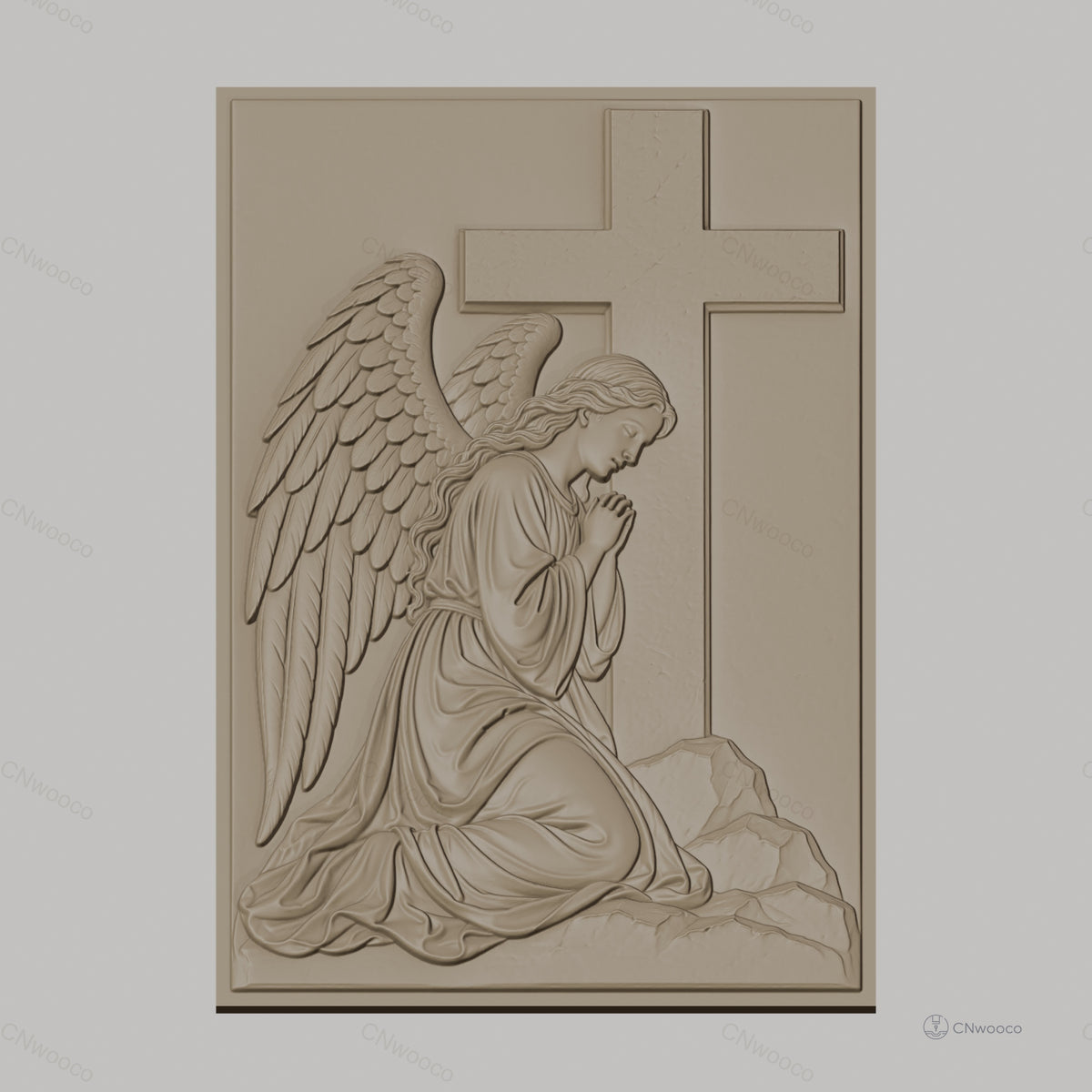 Fichier CNC & impression 3D ange en prière avec croix, relief religieux détaillé, haute qualité relief STL