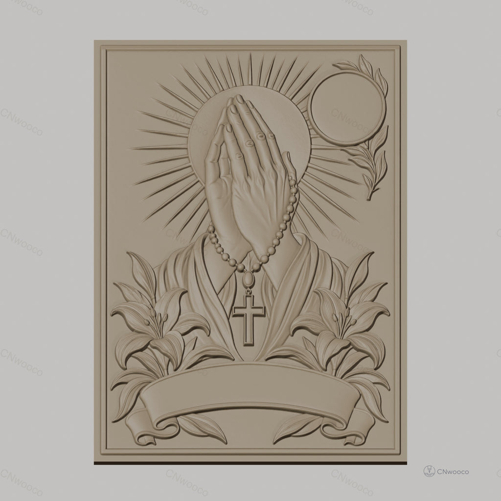 Fichier CNC & impression 3D mains en prière, chapelet, croix, lys et soleil, haute qualité relief STL