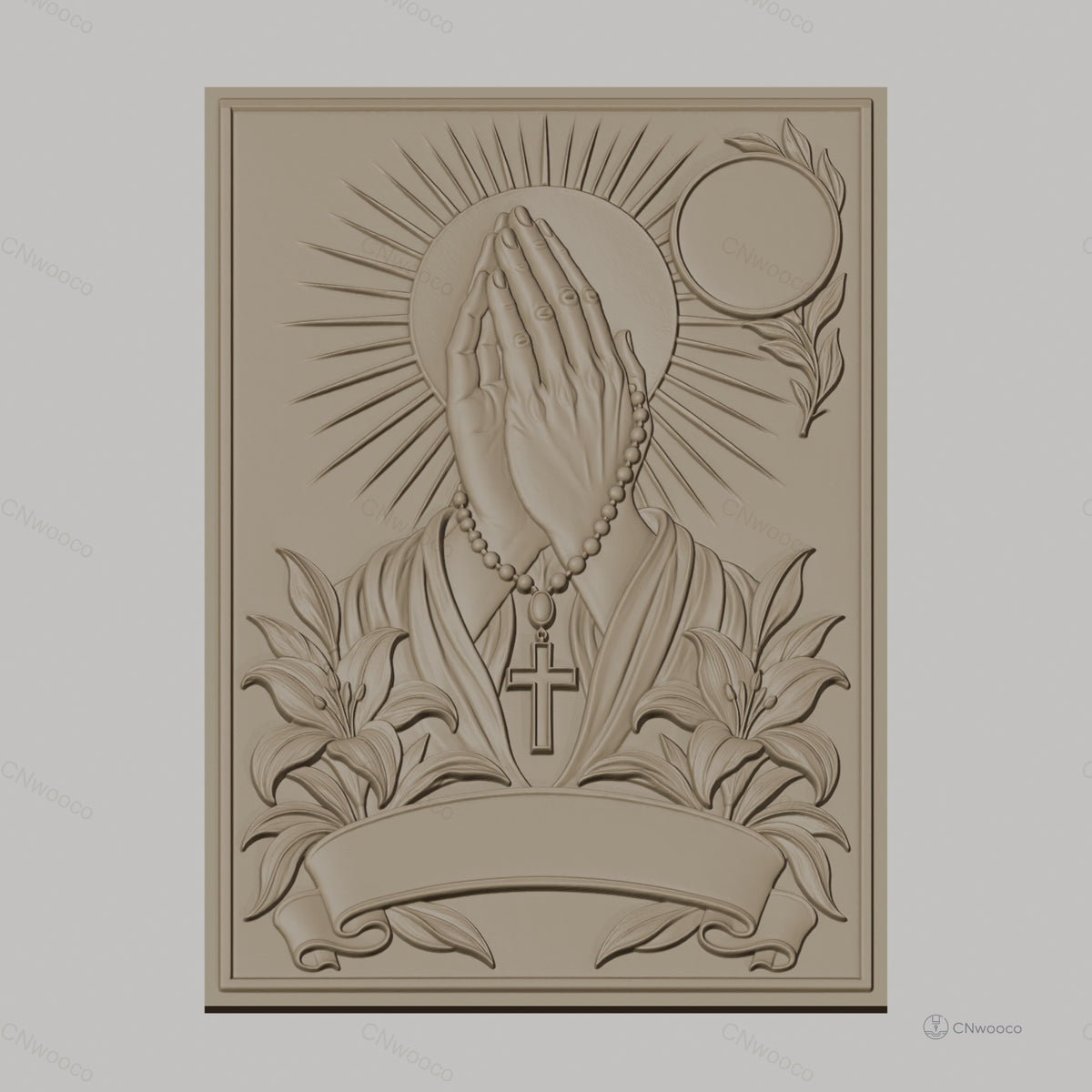 Fichier CNC & impression 3D mains en prière, chapelet, croix, lys et soleil, haute qualité relief STL
