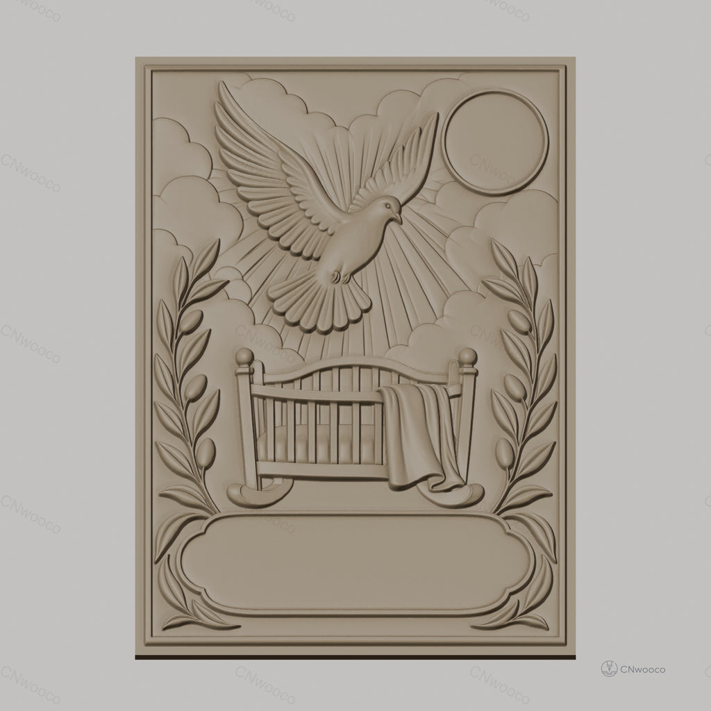 Fichier CNC & impression 3D berceau avec colombe, soleil, branches d'olivier, haute qualité relief STL