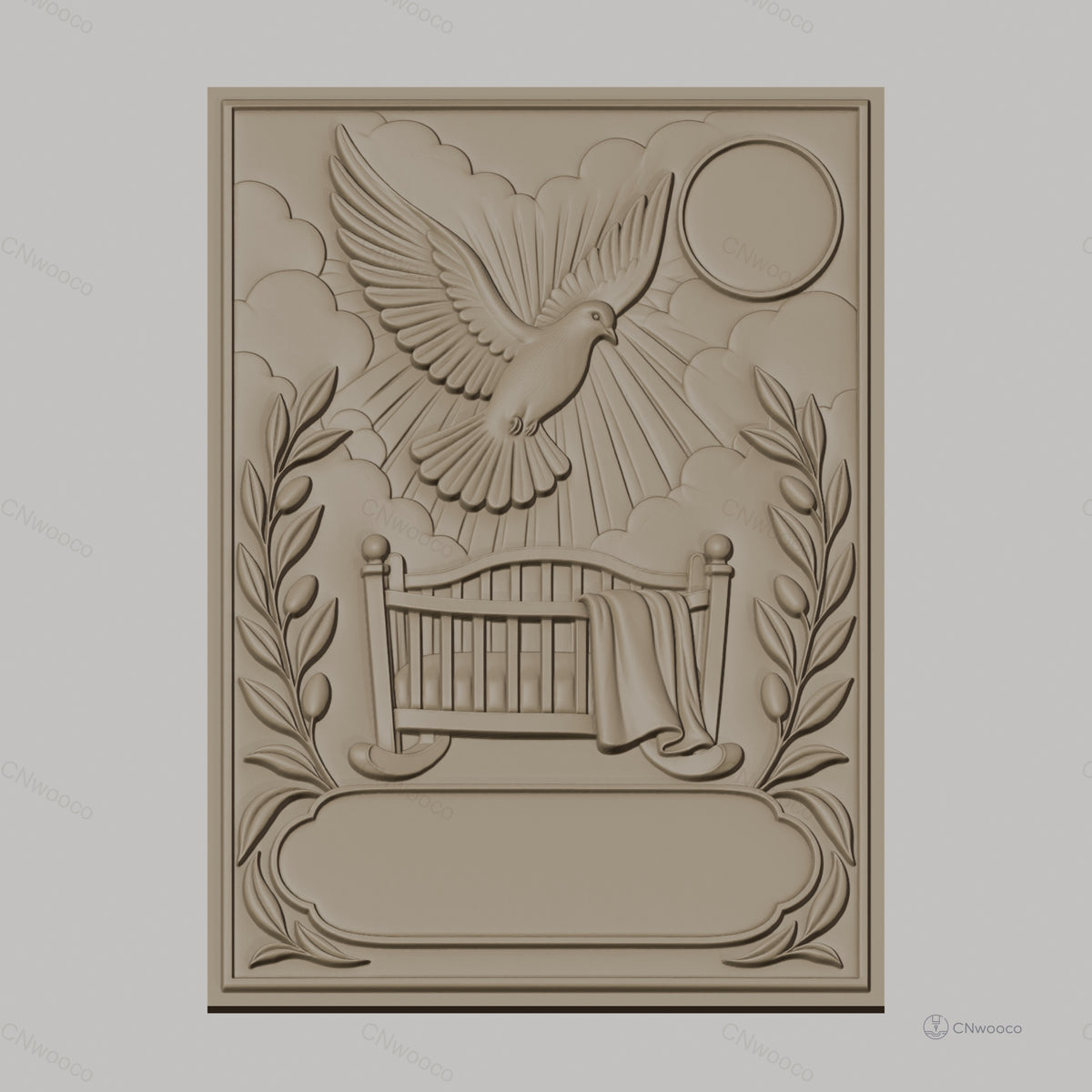 Fichier CNC & impression 3D berceau avec colombe, soleil, branches d'olivier, haute qualité relief STL