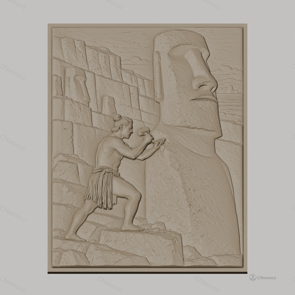 Fichier CNC & impression 3D statue Moaï et sculpteur, relief historique haute qualité relief STL