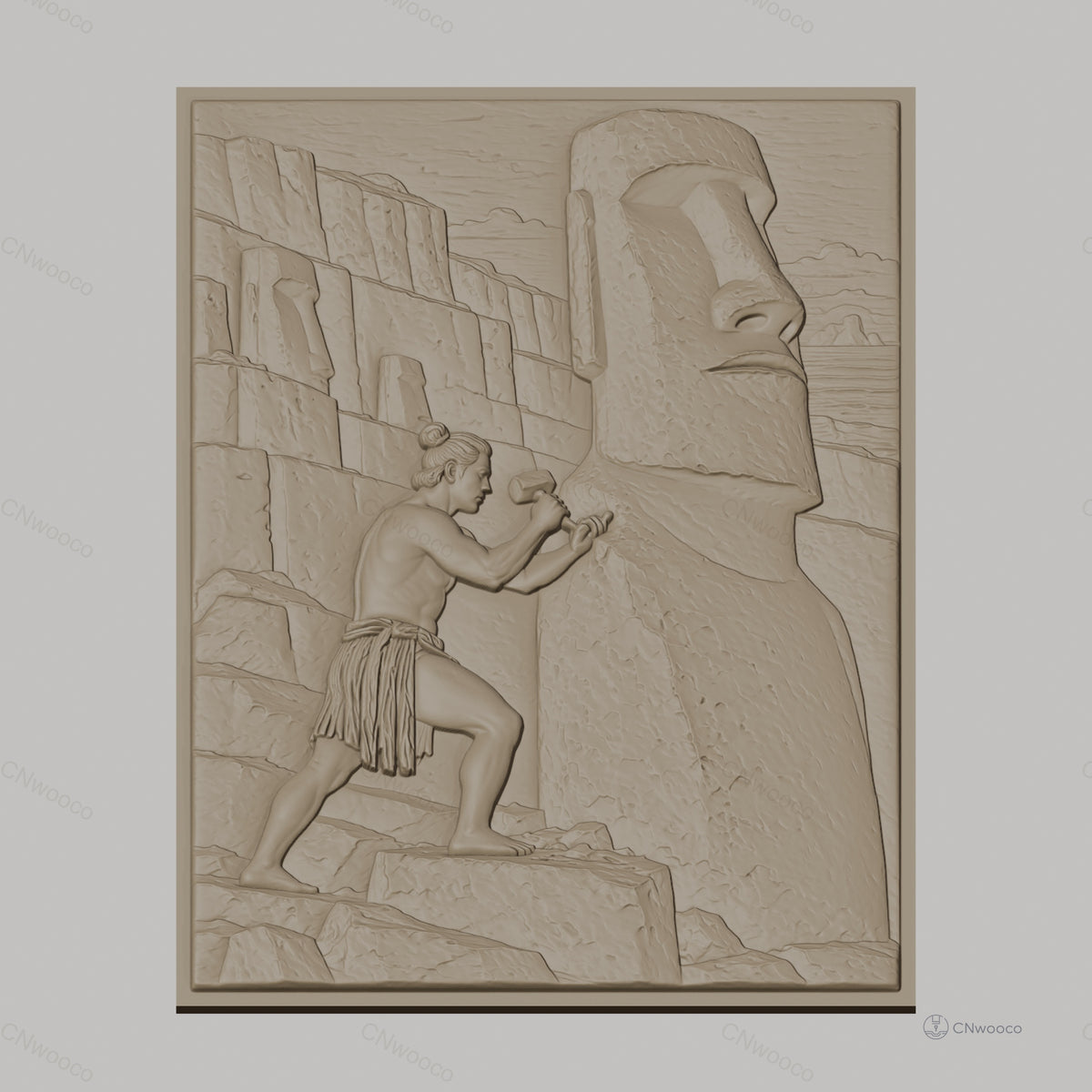 Fichier CNC & impression 3D statue Moaï et sculpteur, relief historique haute qualité relief STL