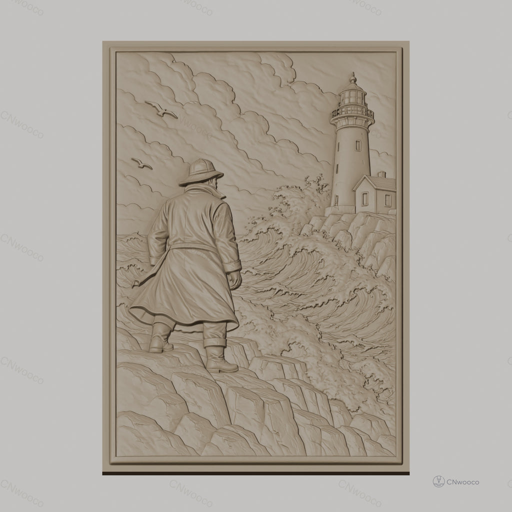 Fichier CNC & impression 3D marin, homme en imperméable regardant phare et mer agitée, haute qualité relief STL