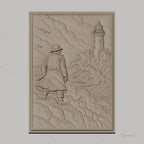 Fichier CNC & impression 3D marin, homme en imperméable regardant phare et mer agitée, haute qualité relief STL