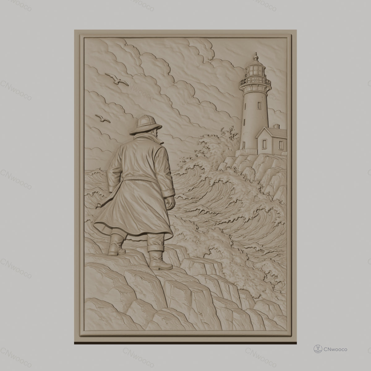 Fichier CNC & impression 3D marin, homme en imperméable regardant phare et mer agitée, haute qualité relief STL