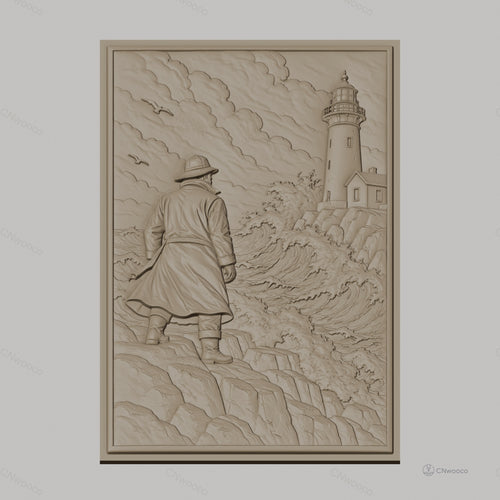 Fichier CNC & impression 3D marin, homme en imperméable regardant phare et mer agitée, haute qualité relief STL