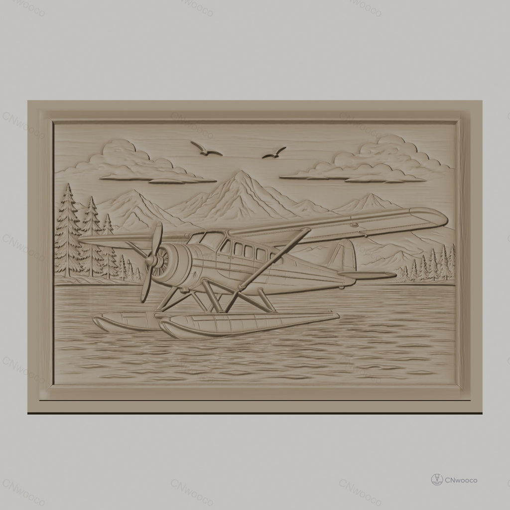 Fichier CNC & impression 3D hydravion sur lac, montagnes et forêts, haute qualité relief STL
