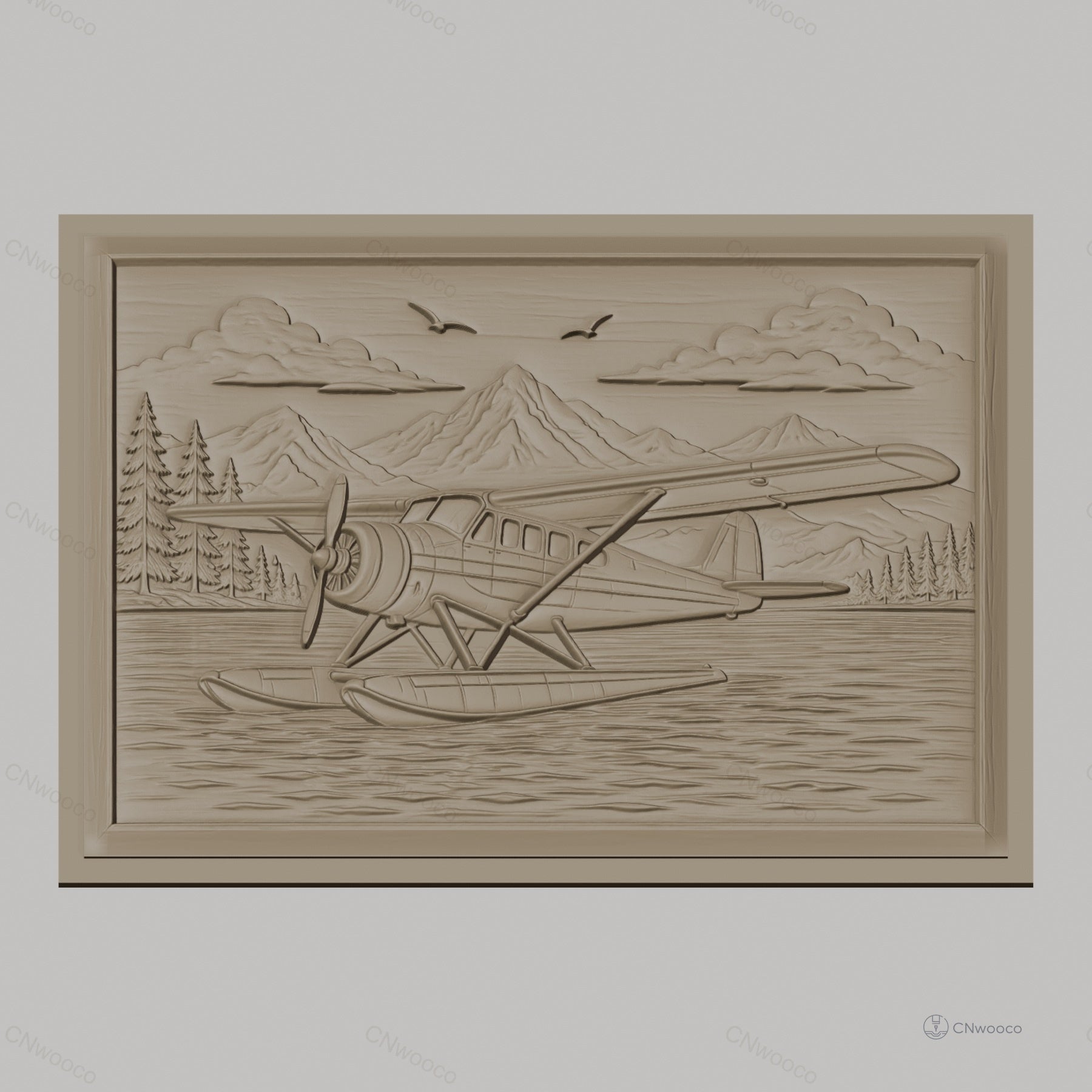 Fichier CNC & impression 3D hydravion sur lac, montagnes et forêts, haute qualité relief STL