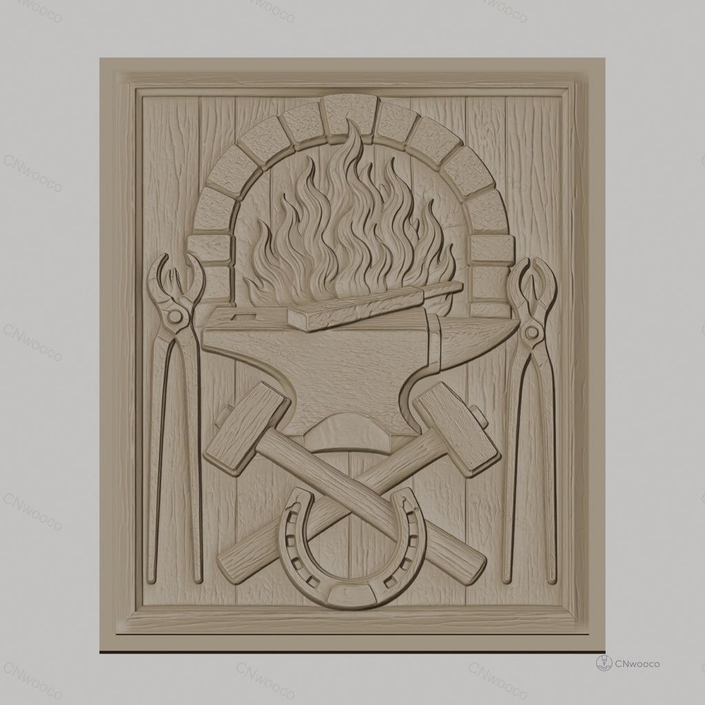 Fichier CNC & impression 3D forgeron, enclume, marteaux croisés, fer à cheval, pinces et feu, haute qualité relief STL