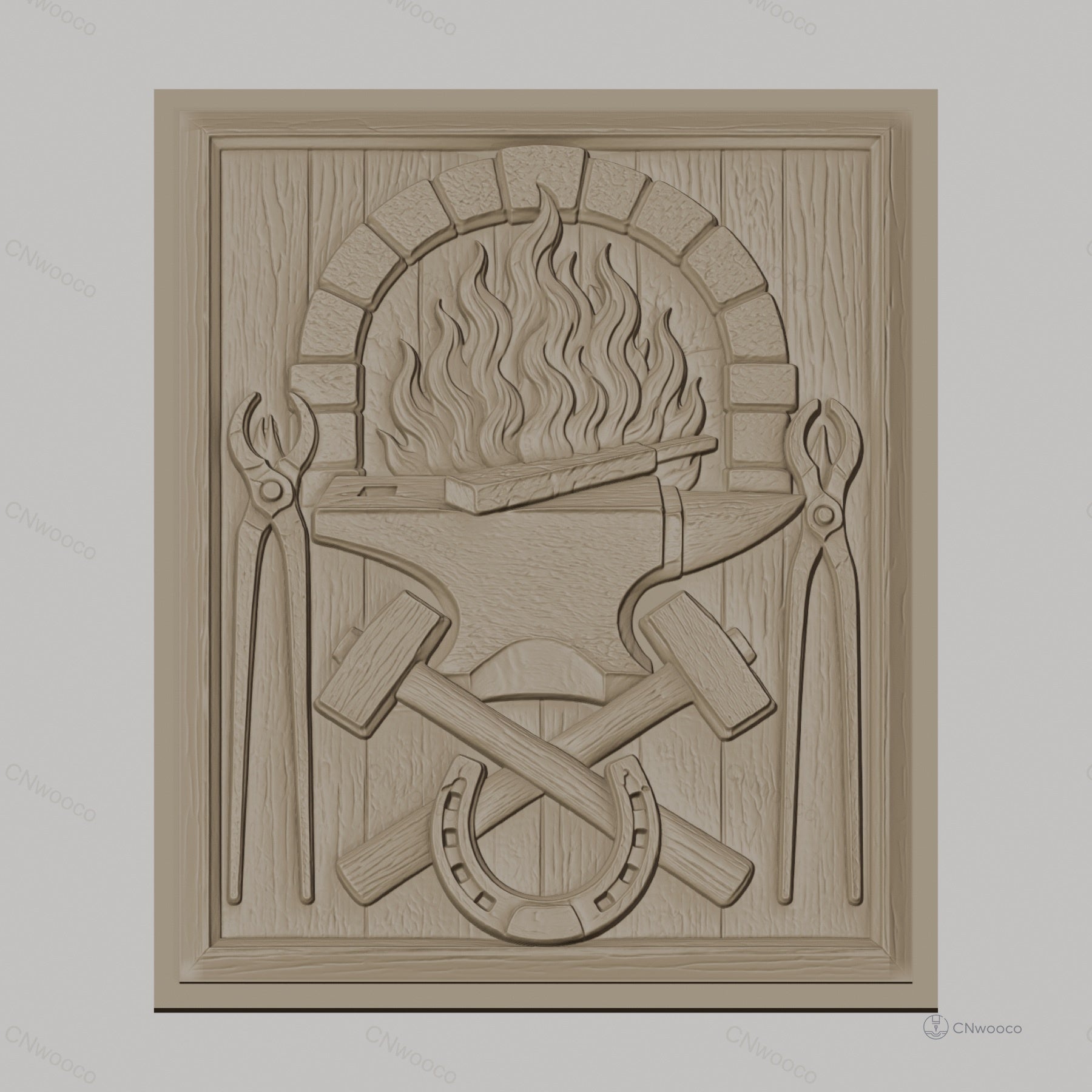Fichier CNC & impression 3D forgeron, enclume, marteaux croisés, fer à cheval, pinces et feu, haute qualité relief STL