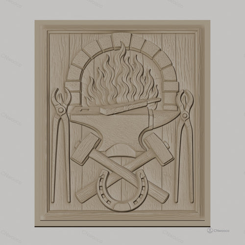 Fichier CNC & impression 3D forgeron, enclume, marteaux croisés, fer à cheval, pinces et feu, haute qualité relief STL