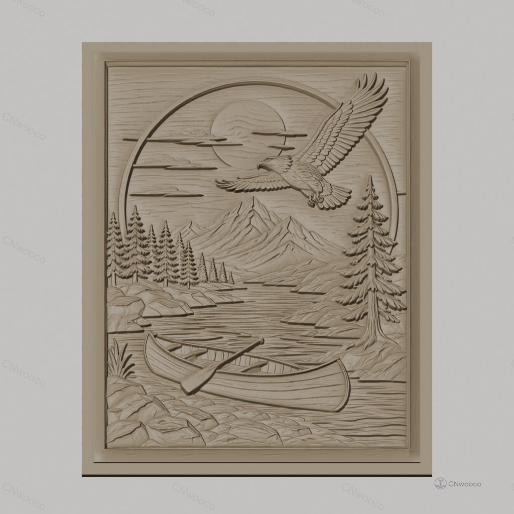 Fichier CNC & impression 3D nature sauvage, rivière, canoë, aigle et montagne, haute qualité relief STL