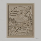 Fichier CNC & impression 3D nature sauvage, rivière, canoë, aigle et montagne, haute qualité relief STL
