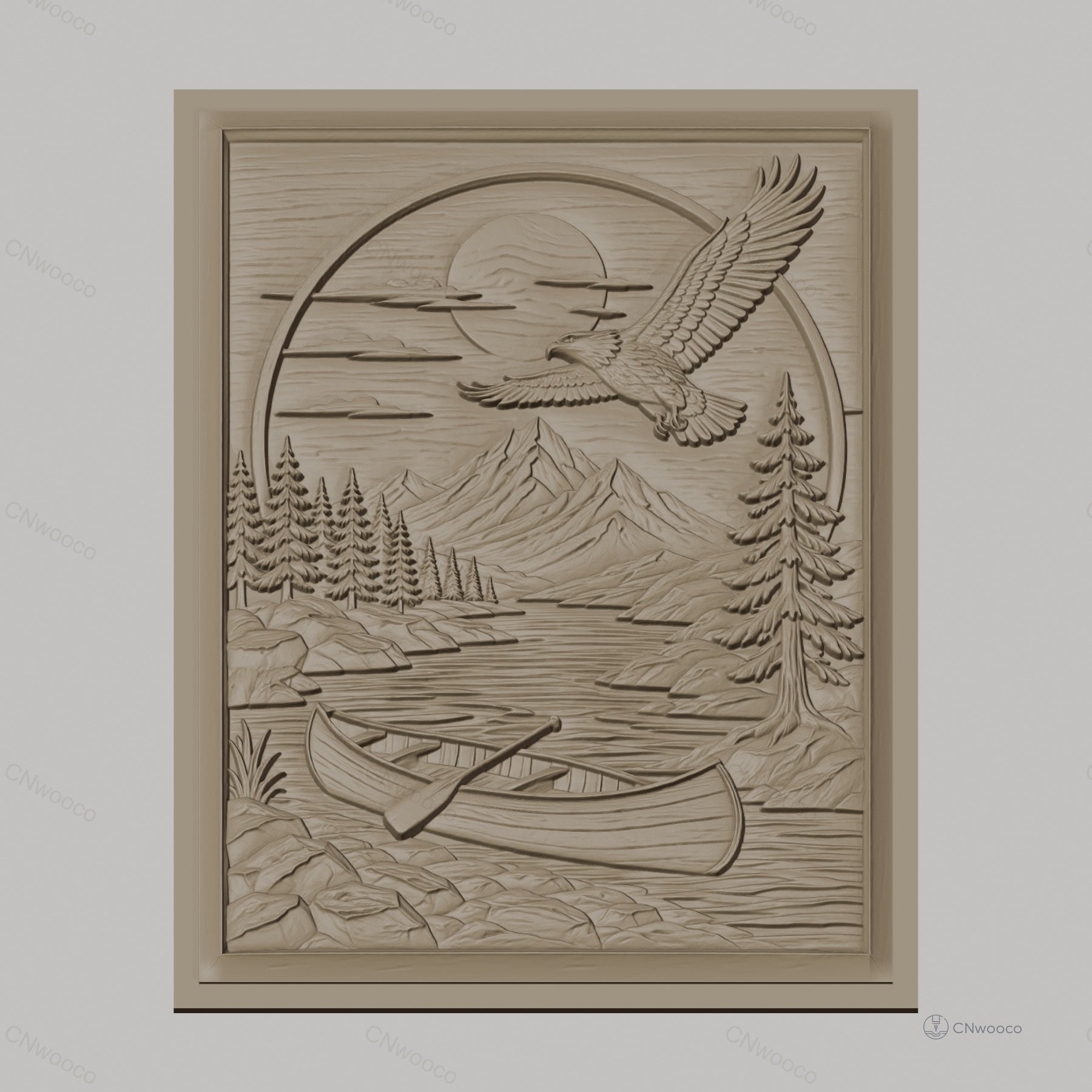Fichier CNC & impression 3D nature sauvage, rivière, canoë, aigle et montagne, haute qualité relief STL