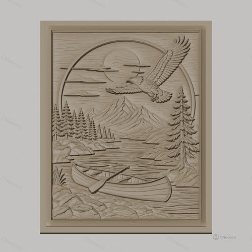 Fichier CNC & impression 3D nature sauvage, rivière, canoë, aigle et montagne, haute qualité relief STL