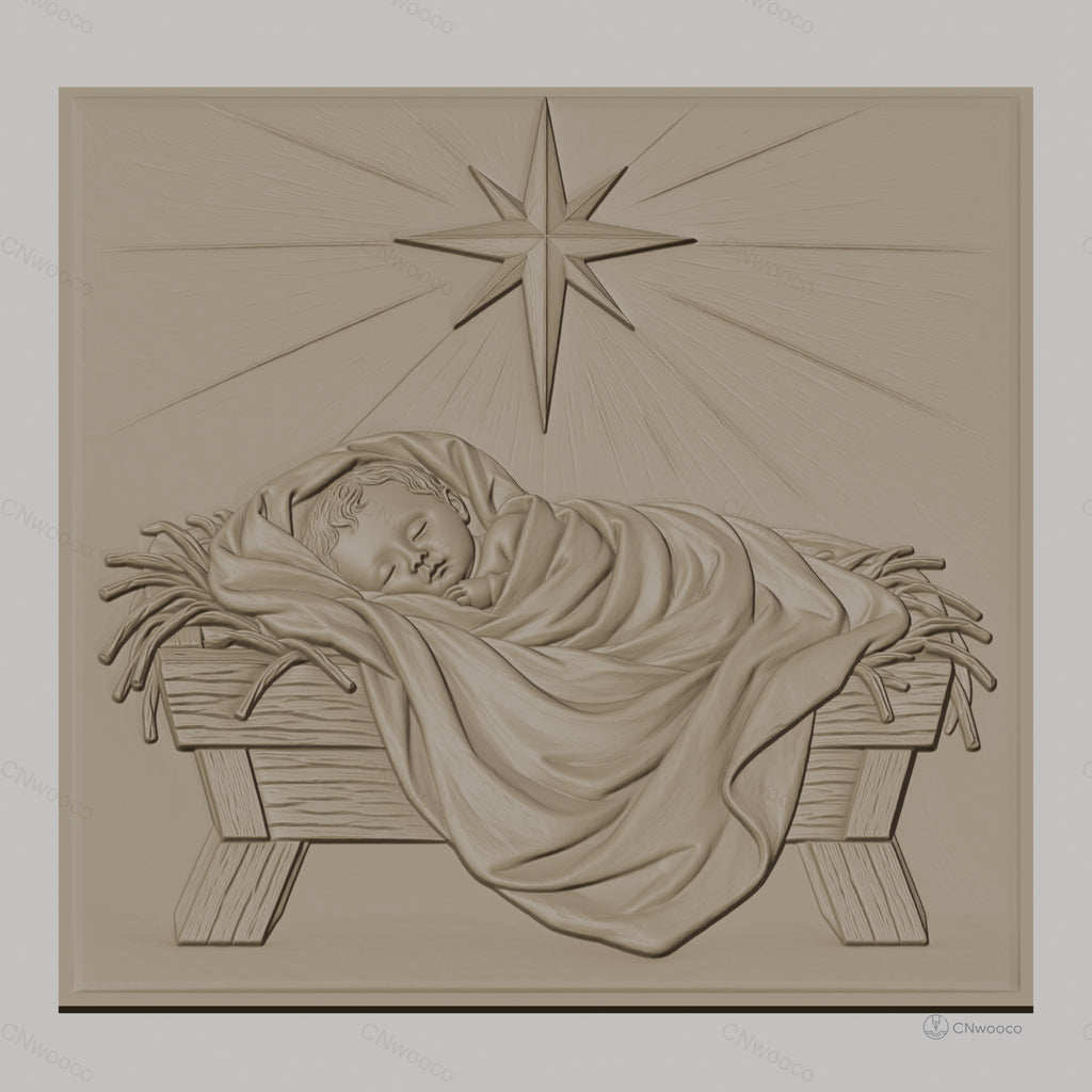 Fichier CNC & impression 3D naissance de Jésus, bébé dans la crèche avec étoile, haute qualité relief STL