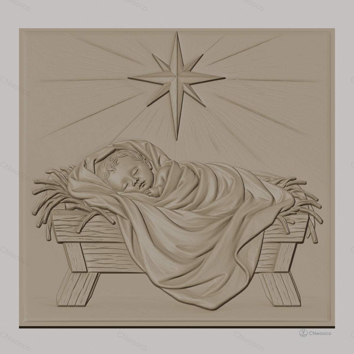 Fichier CNC & impression 3D naissance de Jésus, bébé dans la crèche avec étoile, haute qualité relief STL